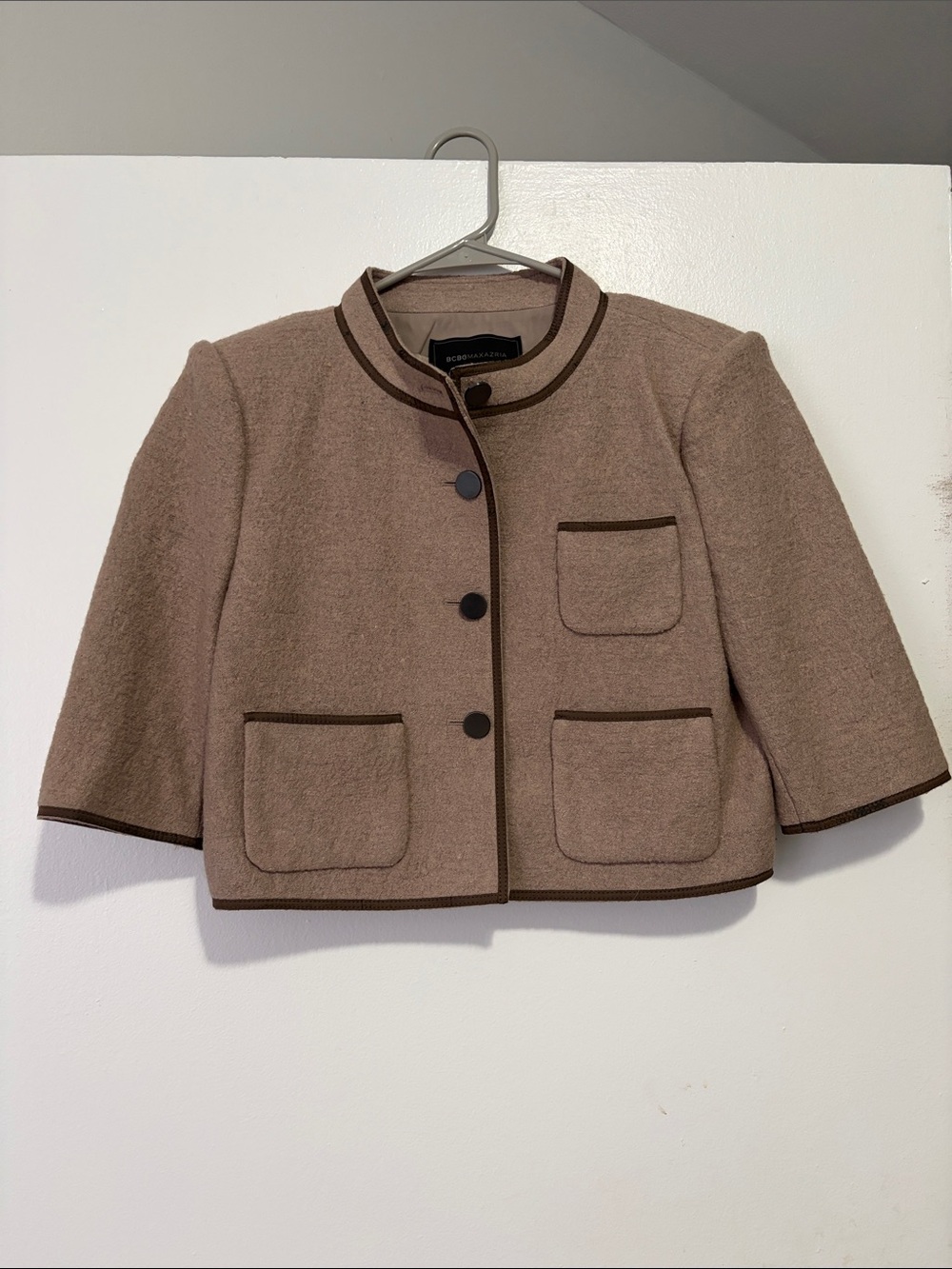 BCBGMaxAzria Taupe Cropped Jacket with Dark Brown Trim
